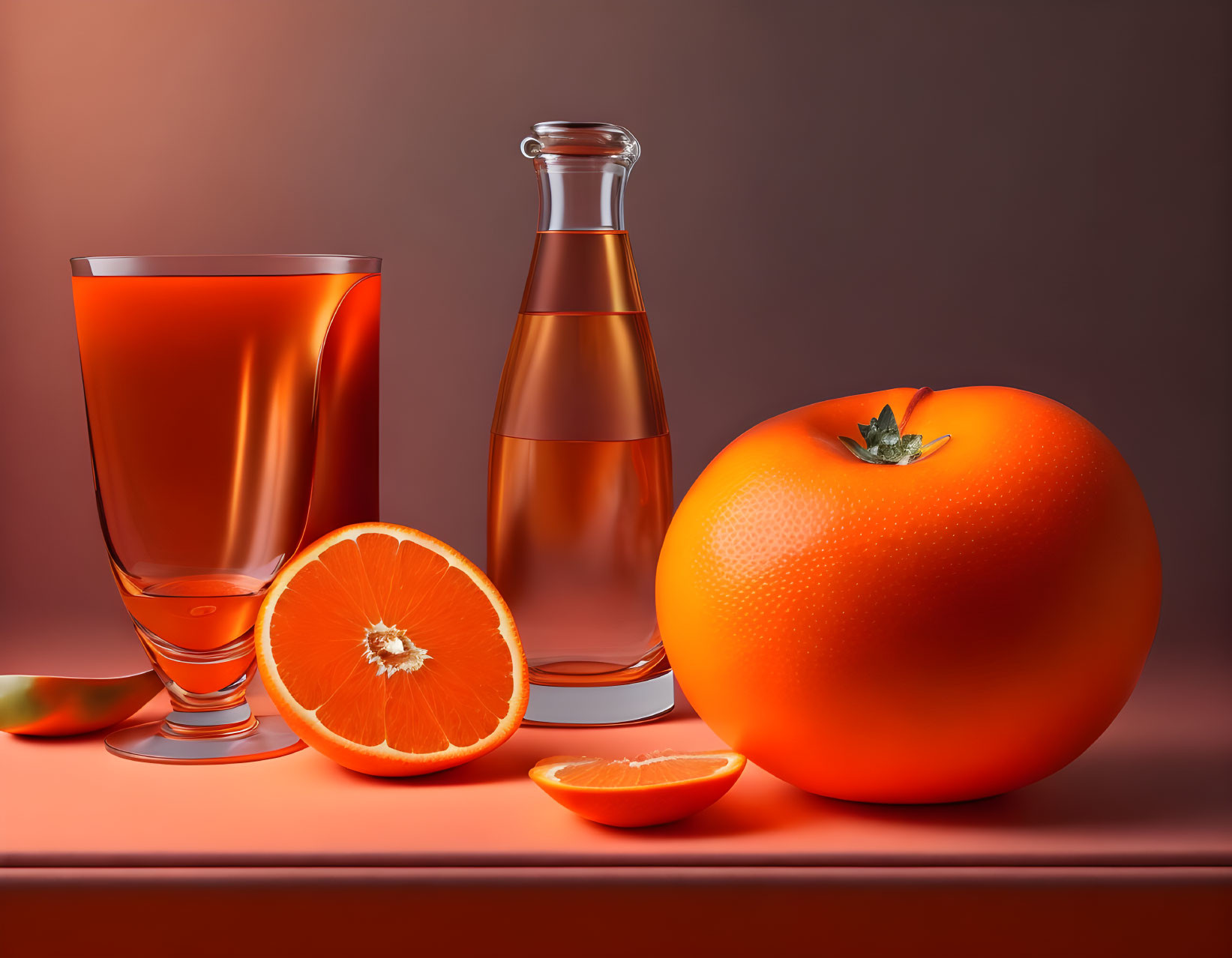 Fresh orange juice in glass with bottle, whole fruit, and slices on reflective surface with coral backdrop.