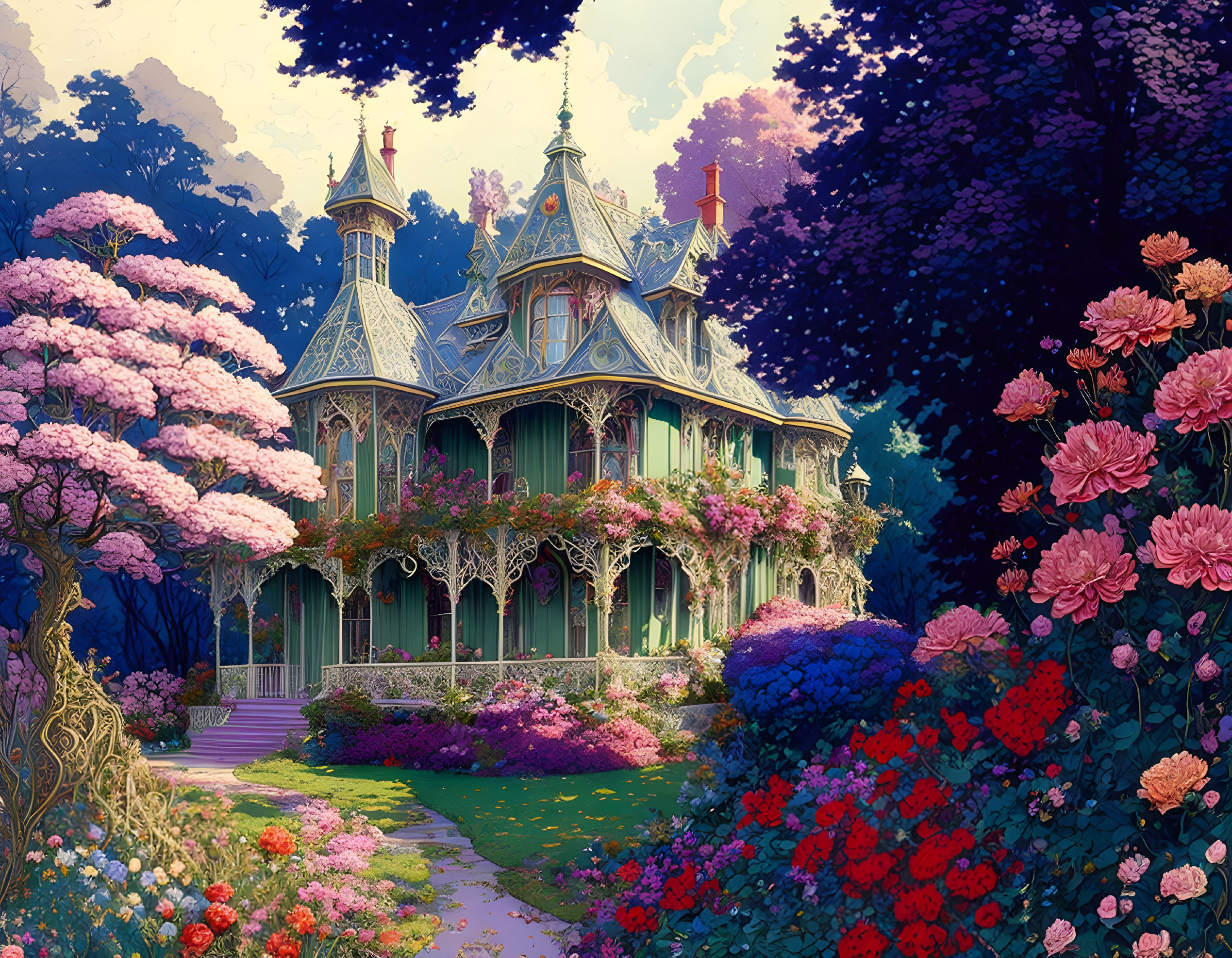 Victorian-style house with gardens and flowers at dusk