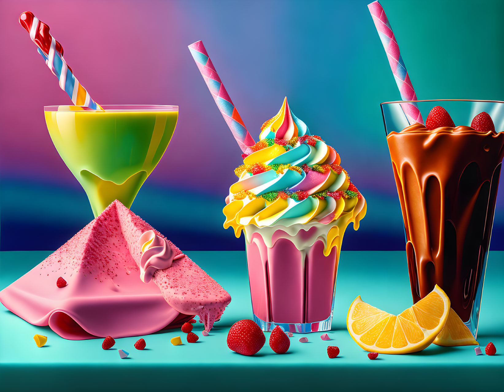 Vibrant dessert-themed illustration with cake, milkshake, sundae, and drinks