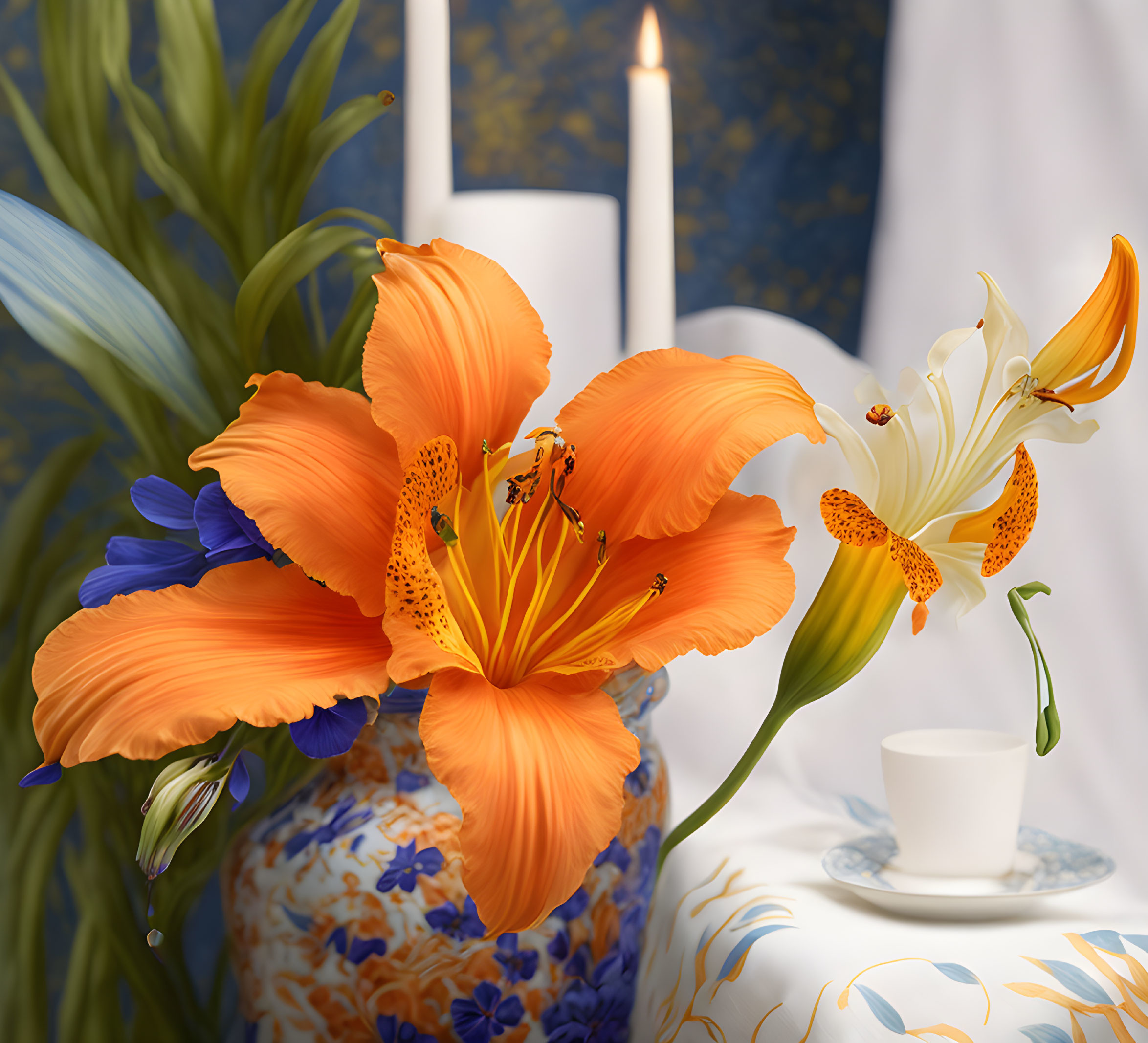 Orange and White Flower Arrangement with Vase, Candles, and Tea Cup