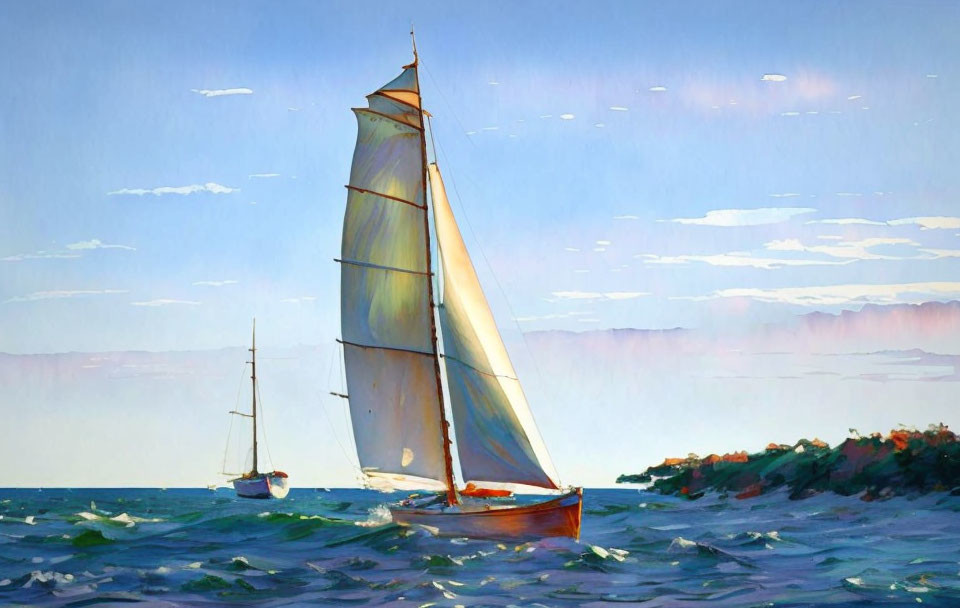 Sailing boats painting: billowing sails on wavy sea & blue sky