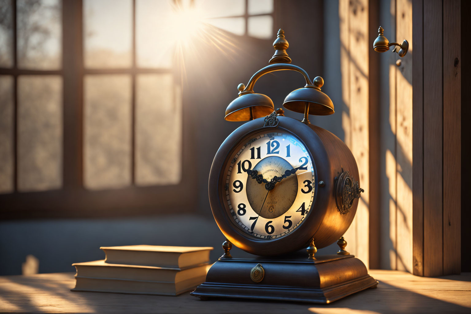 Vintage alarm clock on wooden surface with books in warm sunlight.