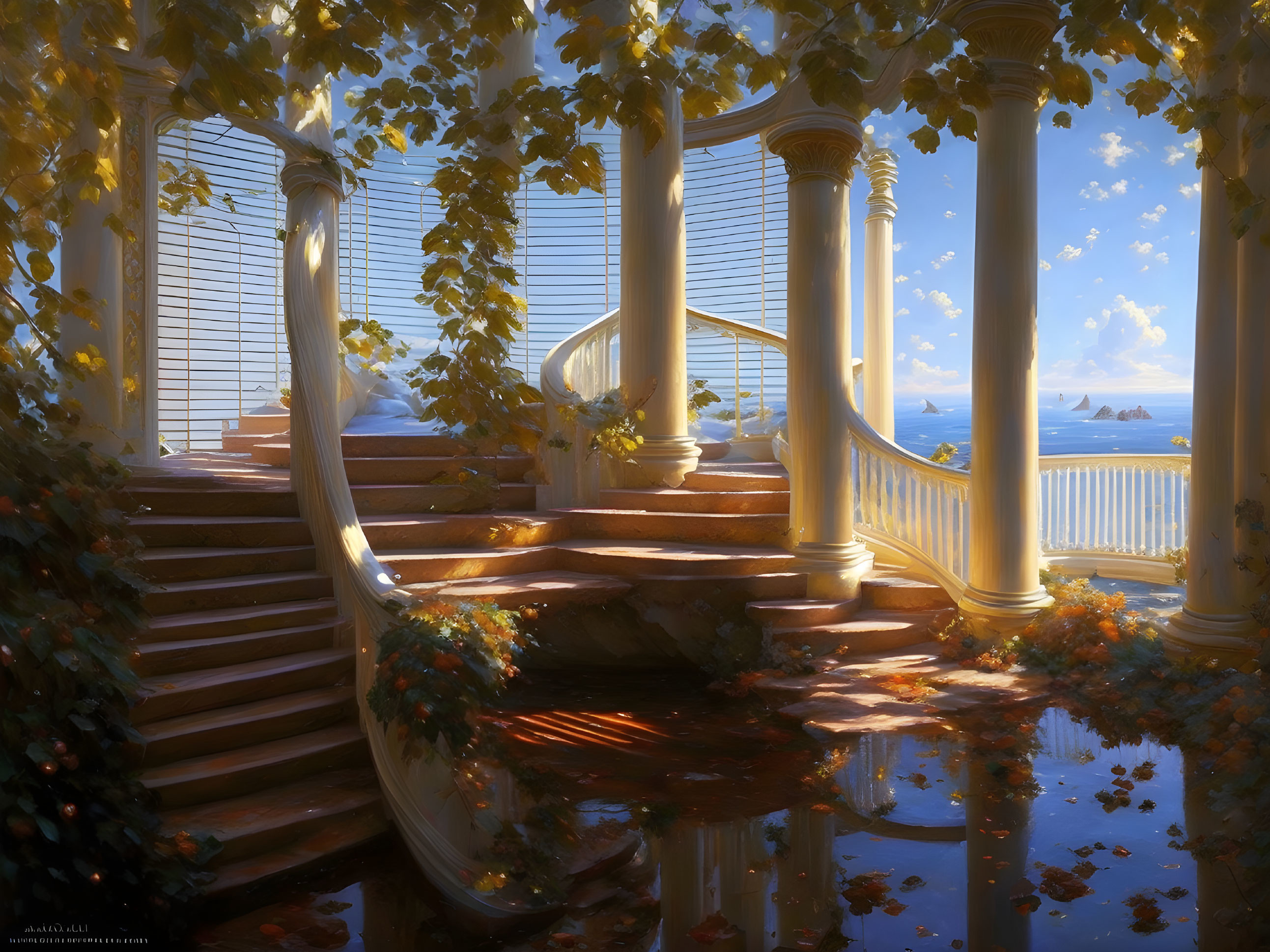 Classical rotunda with columns by the sea in soft sunlight