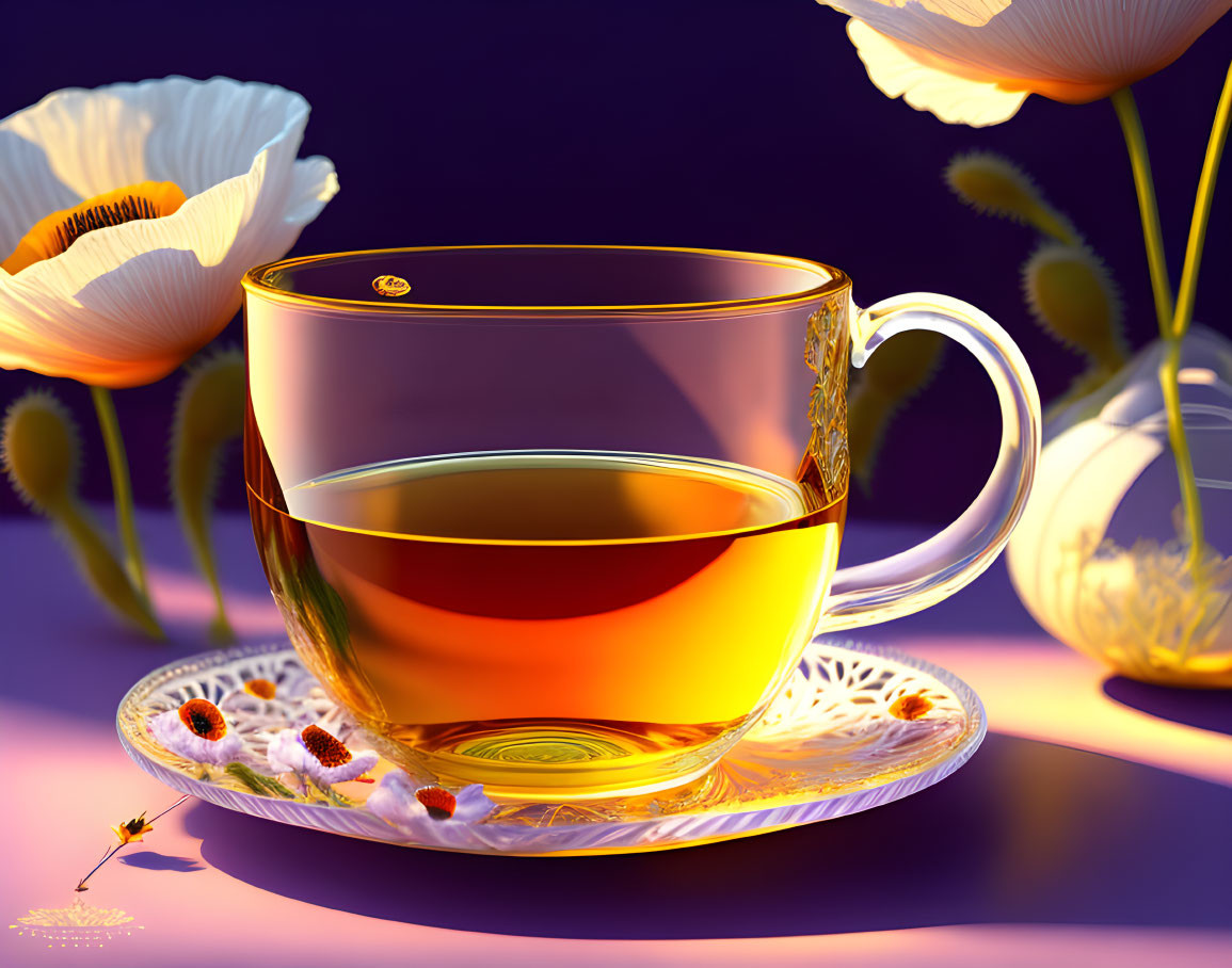 Glass Cup of Tea on Ornate Saucer with White Poppies and Purple Lighting