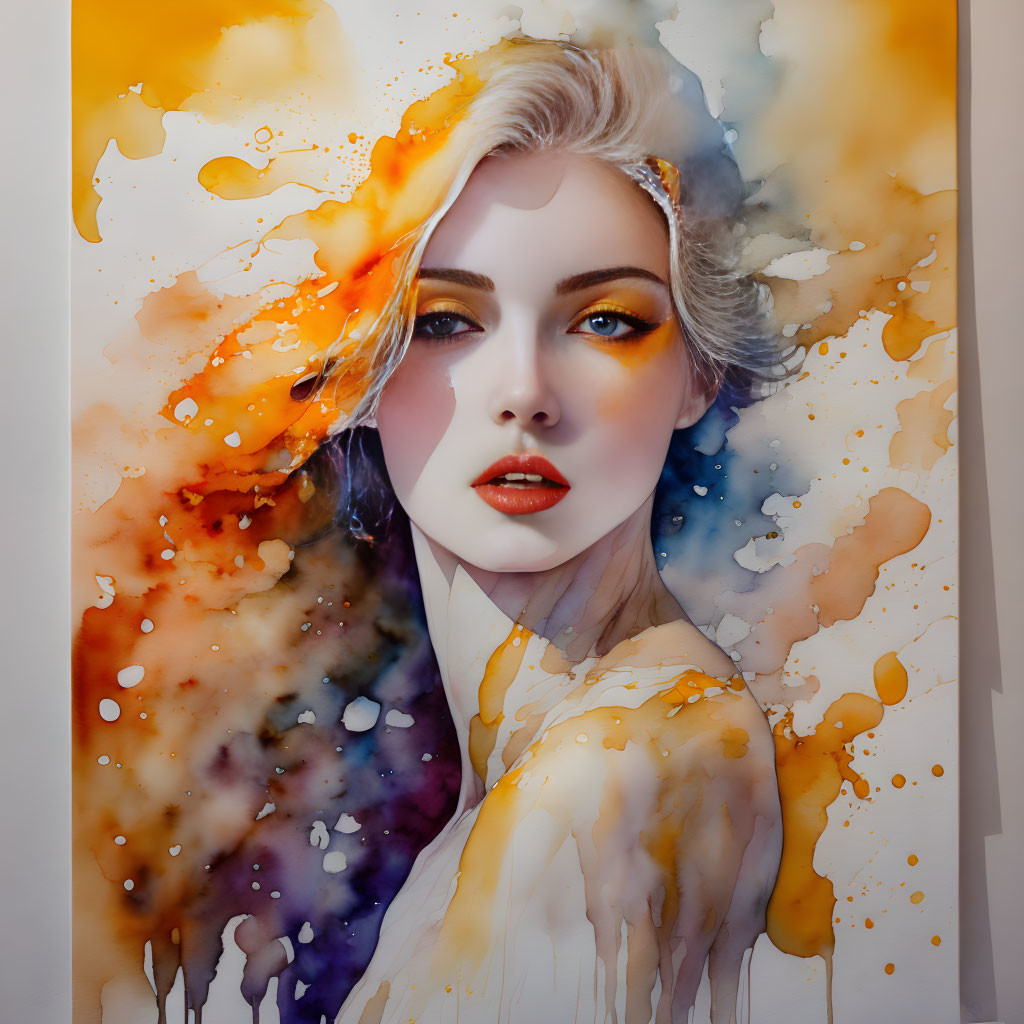 Vibrant watercolor portrait of a woman with flowing effects