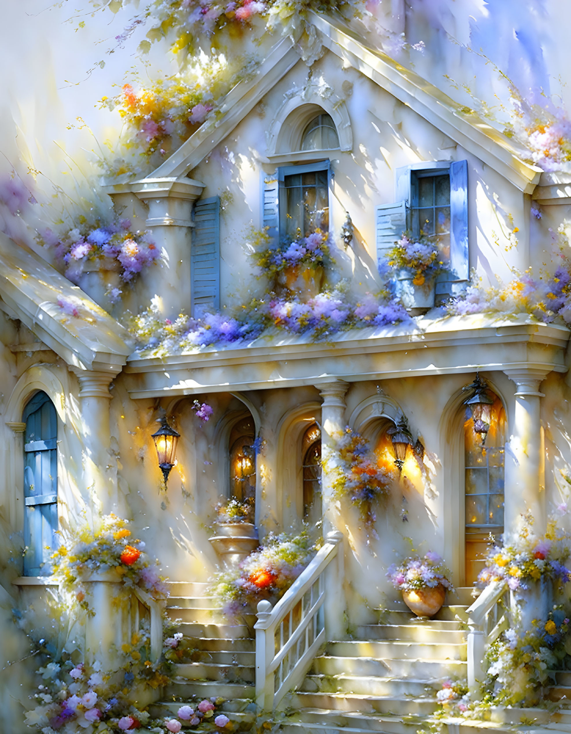 White house with blue shutters, wooden stairway, lanterns, and colorful flowers