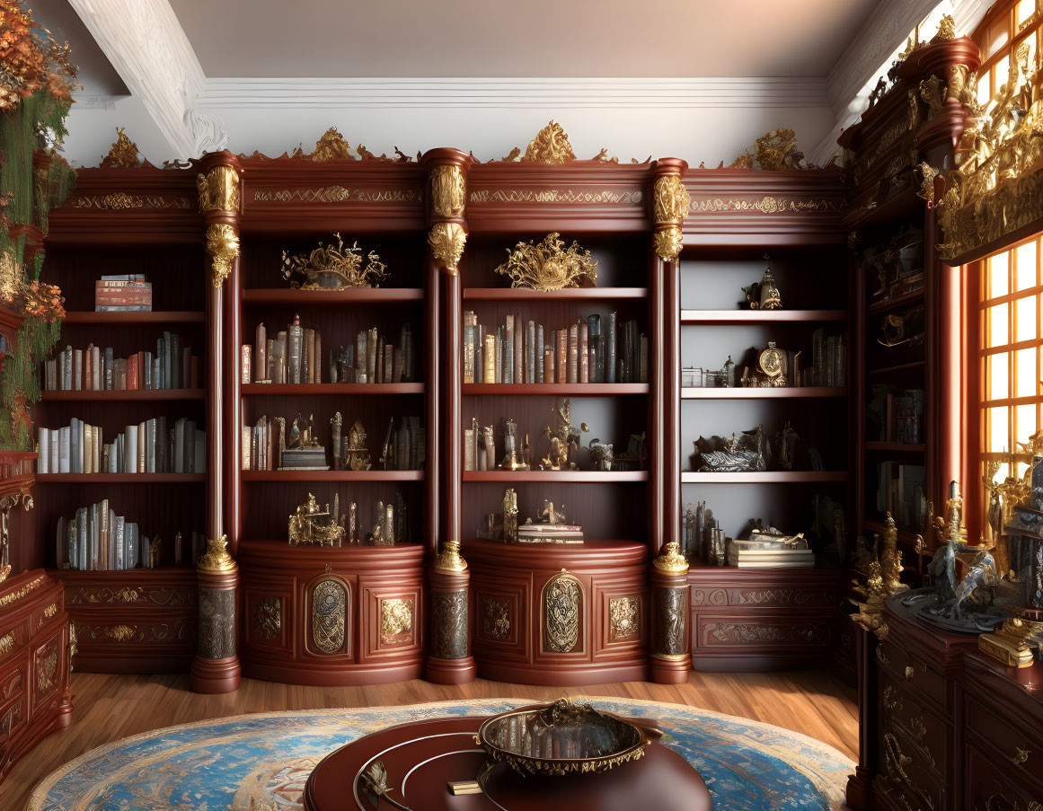 Luxurious Wooden Bookcase with Golden Ornaments in Elegant Room