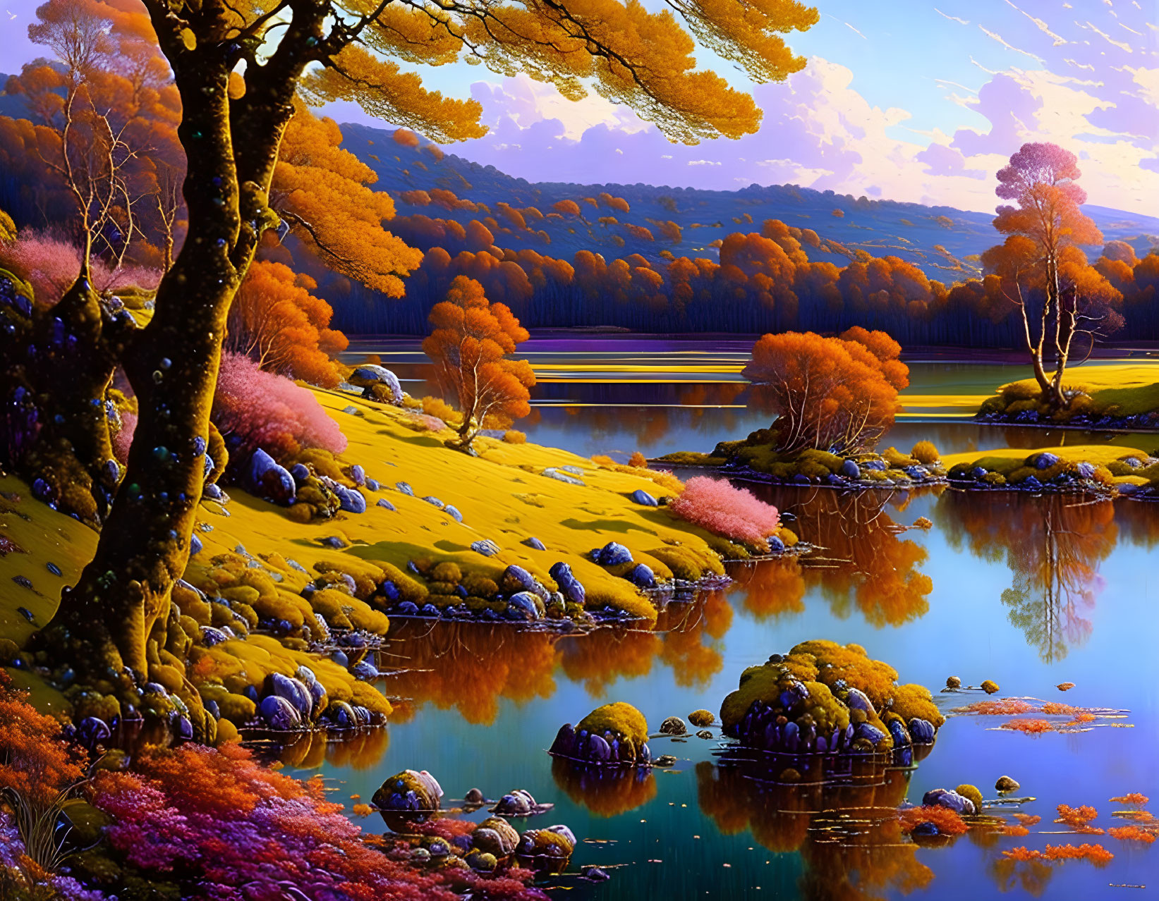 Colorful autumn landscape with golden trees, blue river, pink foliage, and purple sky