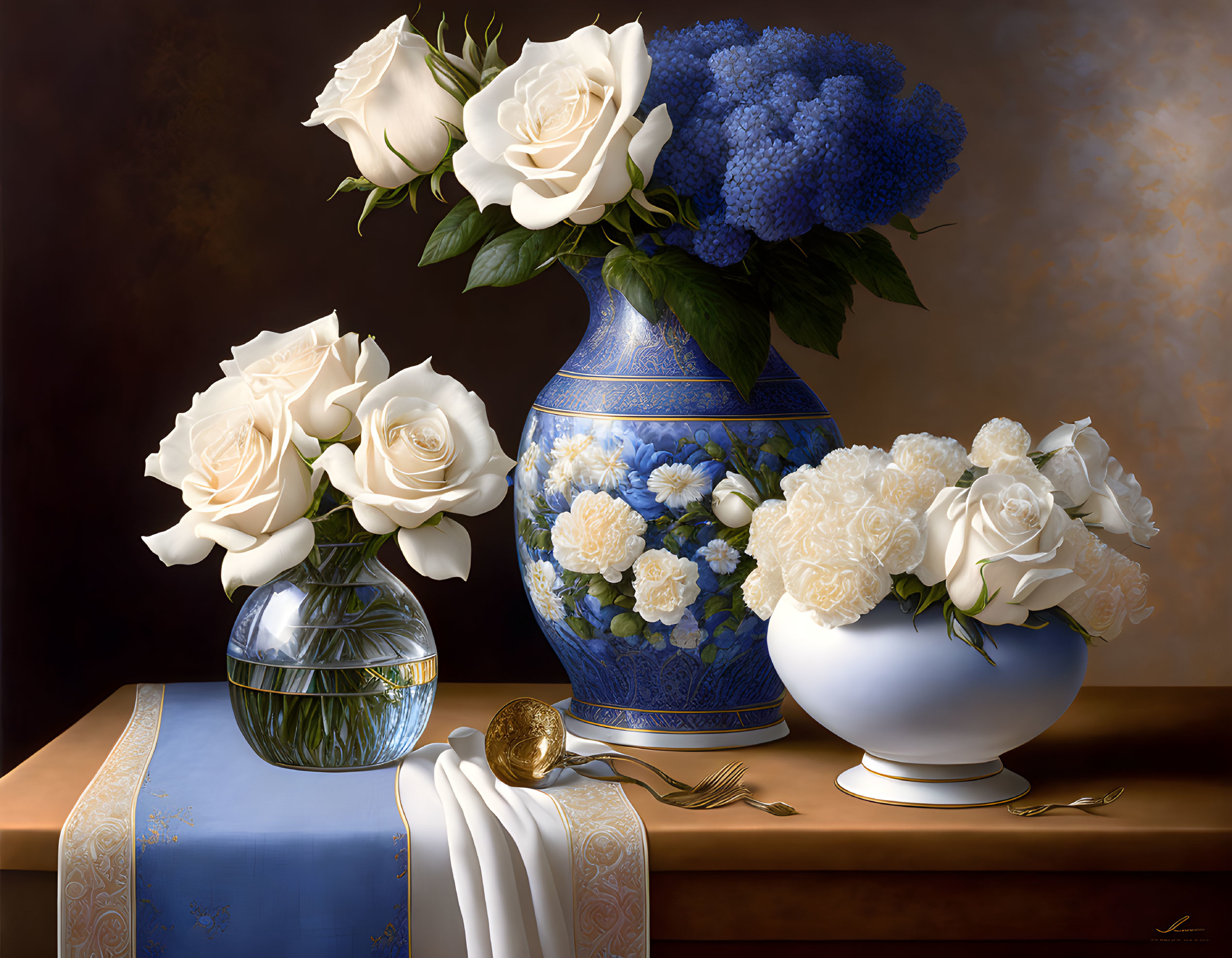 White Roses and Hydrangea Still Life with Glass and Ceramic Vases