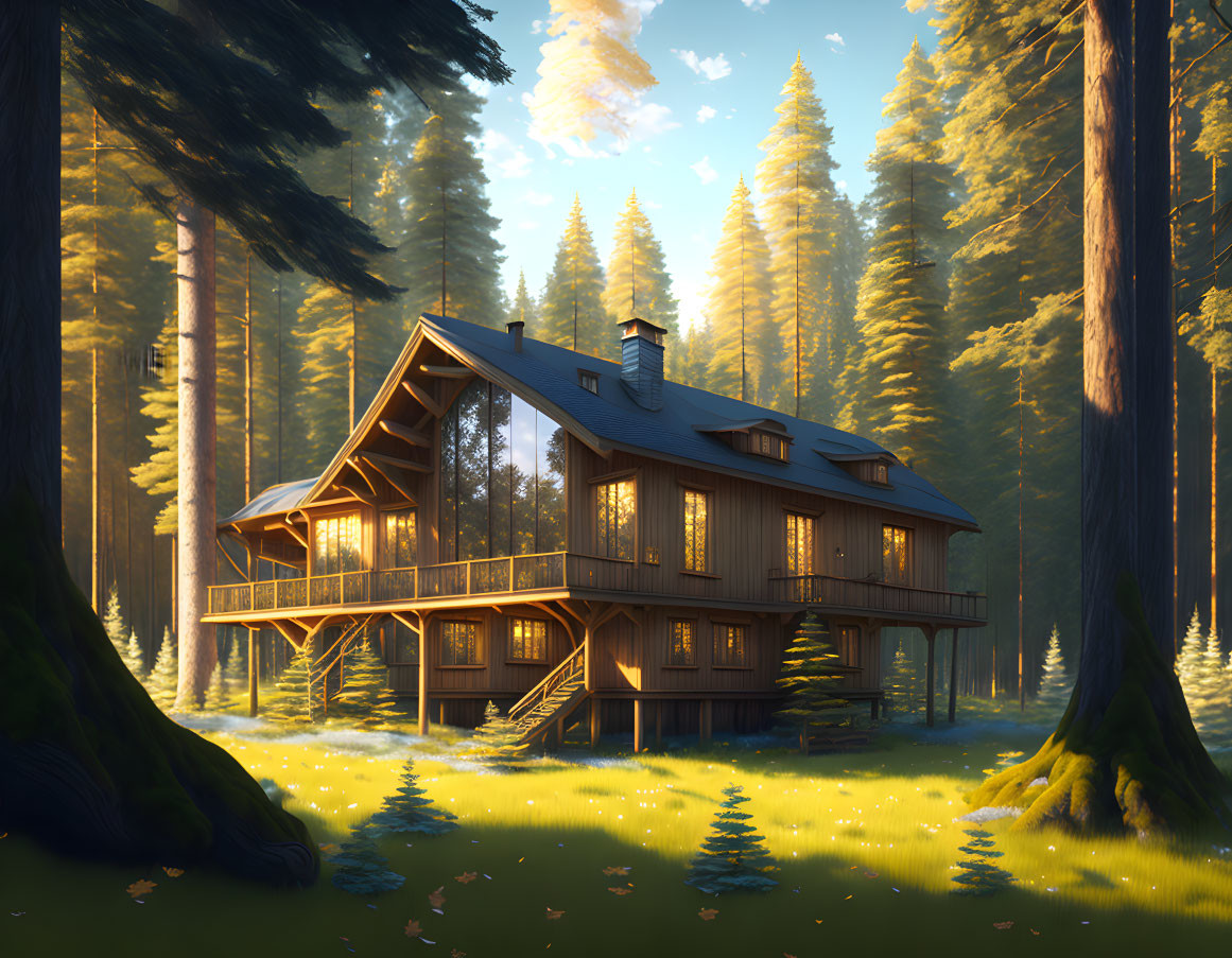 Tranquil digital art: Wooden cabin in pine forest at sunrise or sunset