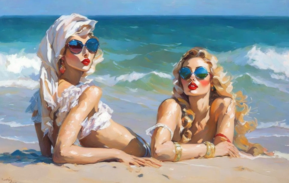 Two women in sunglasses and head scarves on sandy beach with waves.