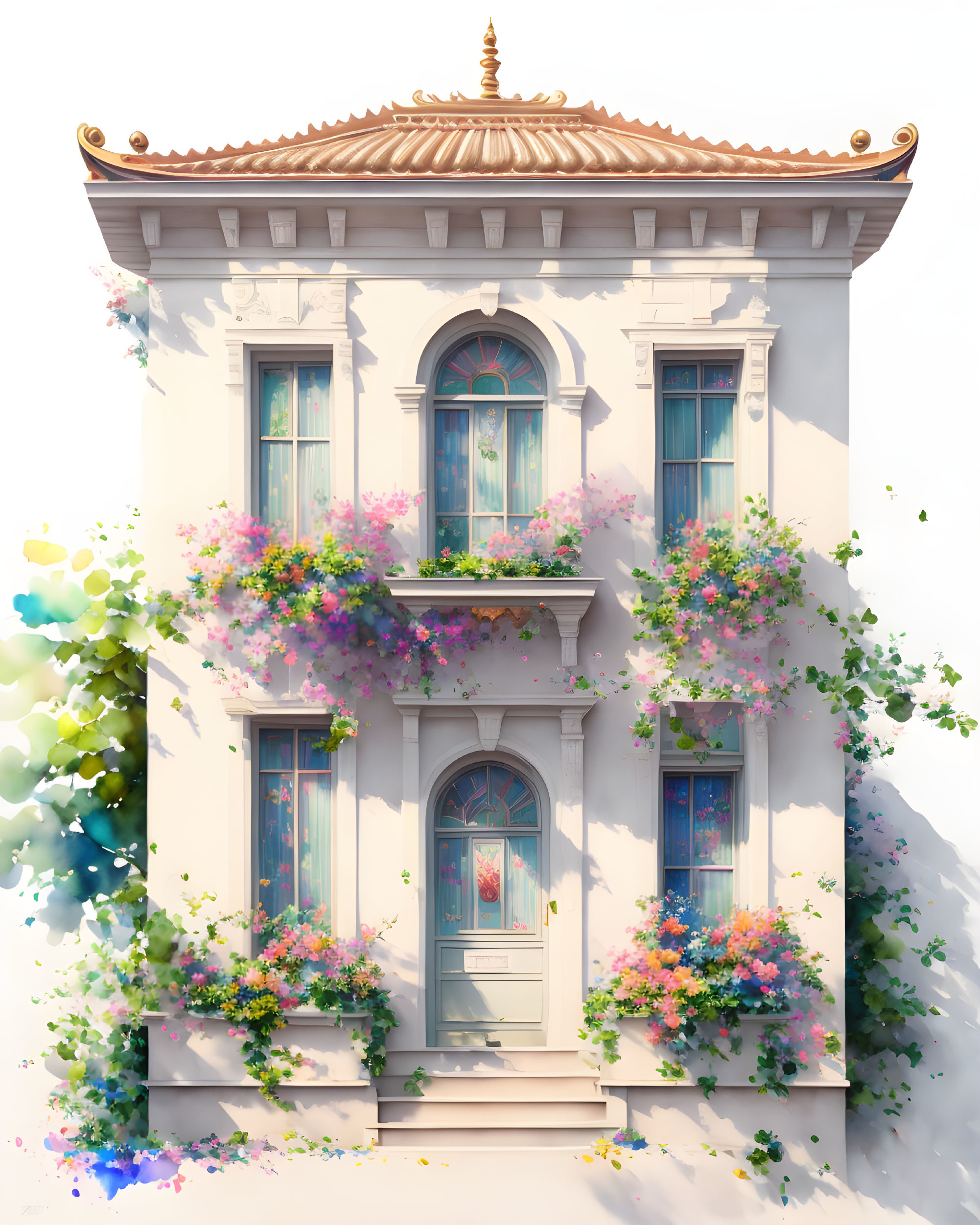 Detailed two-story facade with ornate design and lush flowering vines