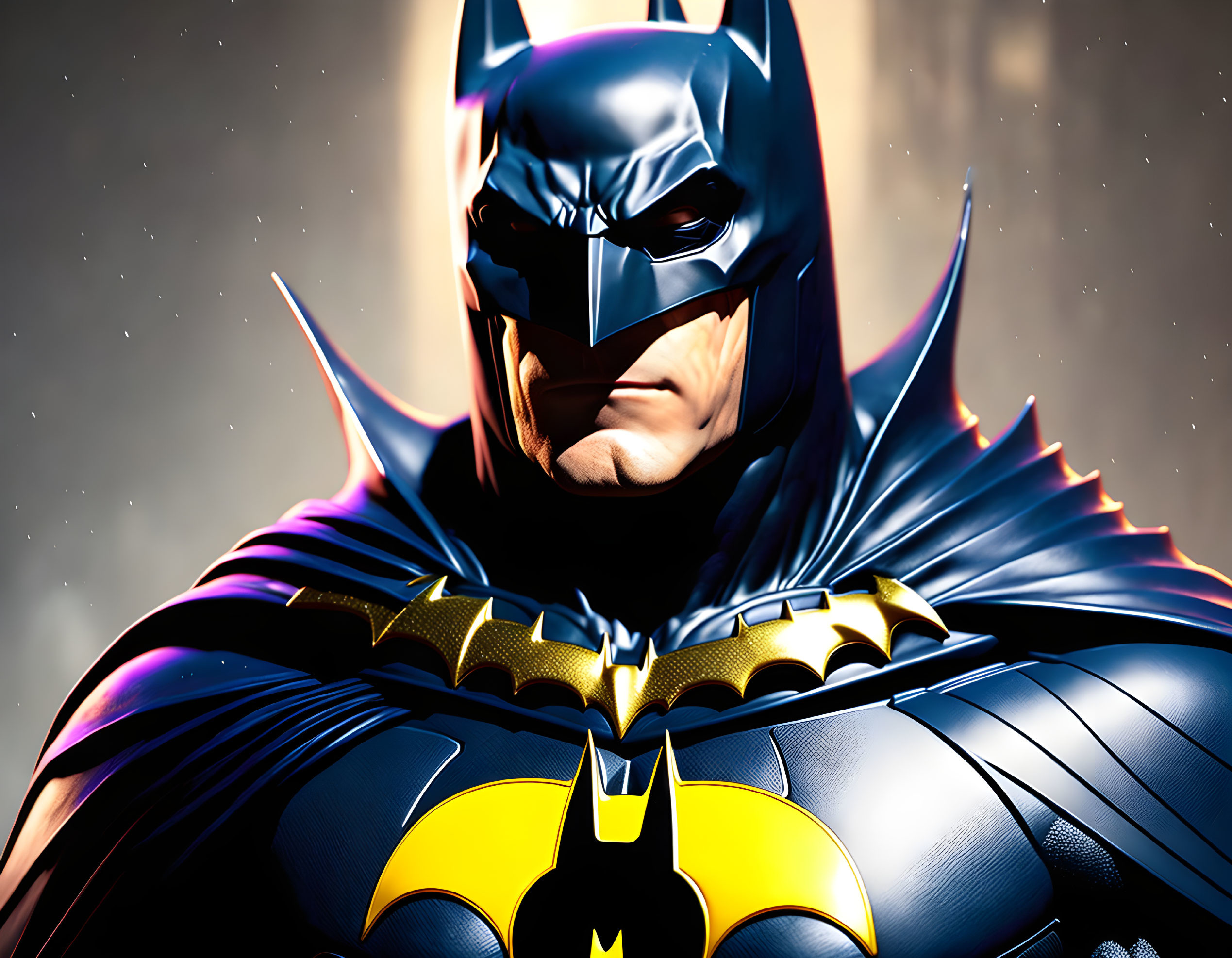 Detailed Batman illustration with intense gaze and star-speckled backdrop