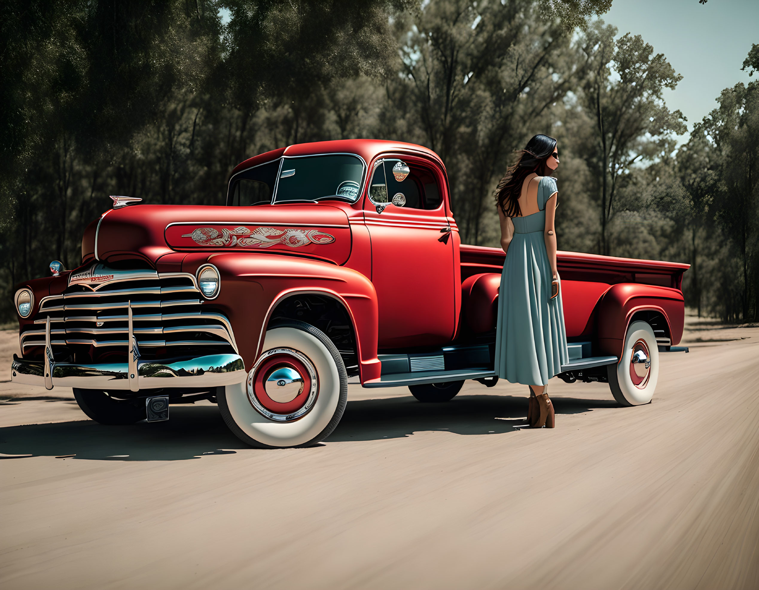 Vintage-dressed woman with headscarf by red pickup truck on tree-lined road