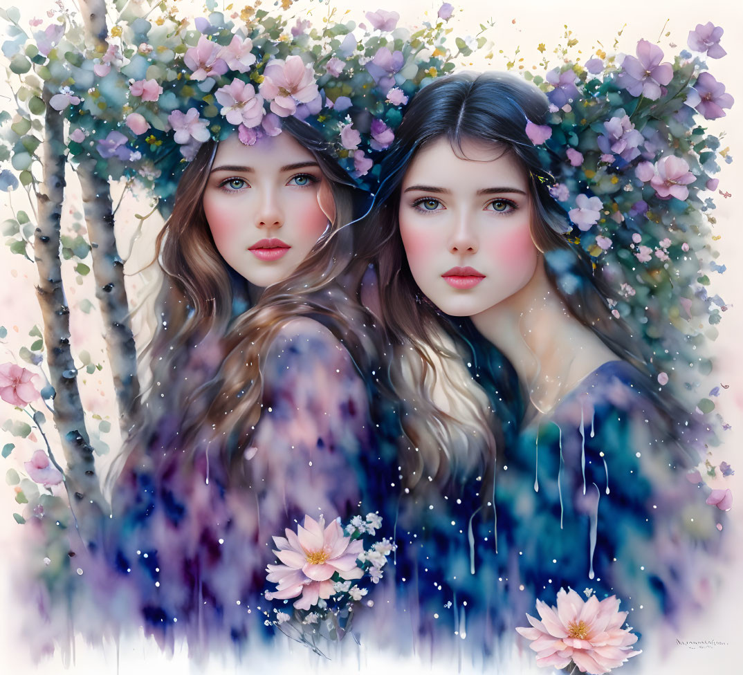 Two women with floral wreaths in dreamlike setting