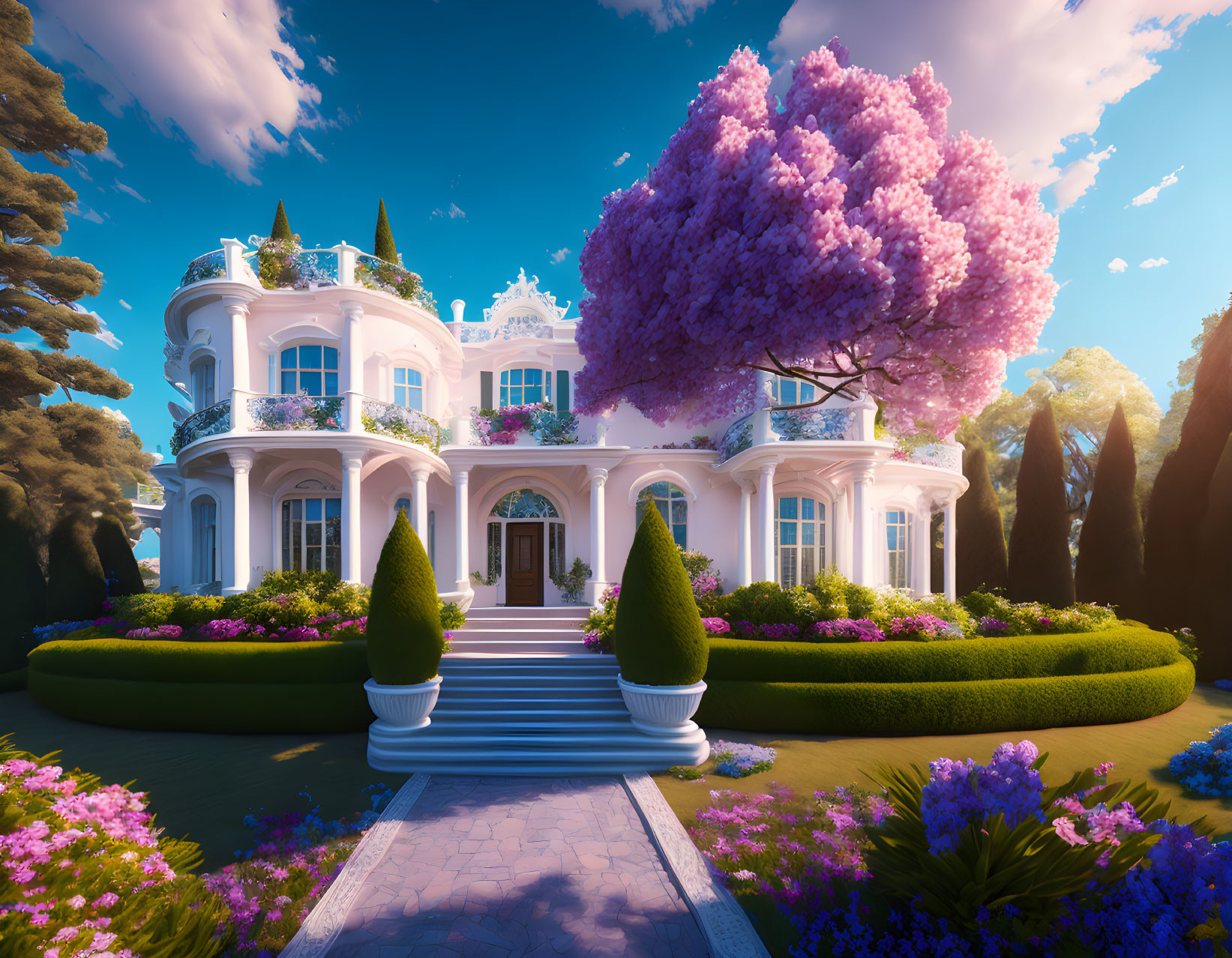 White mansion with blue shutters in lush garden under clear blue sky.