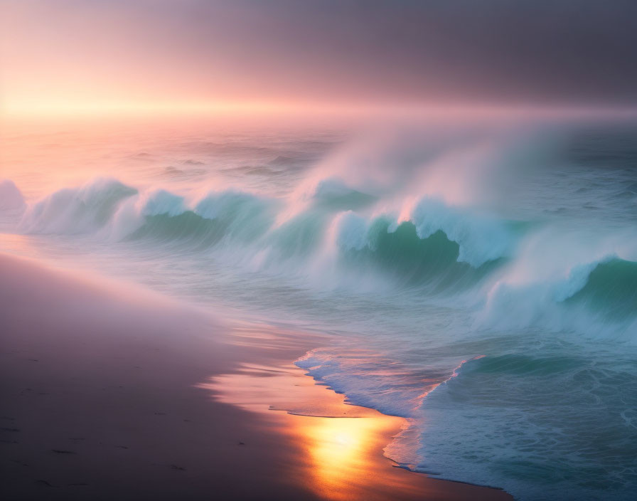 Tranquil Sunset Beach Scene with Rolling Waves