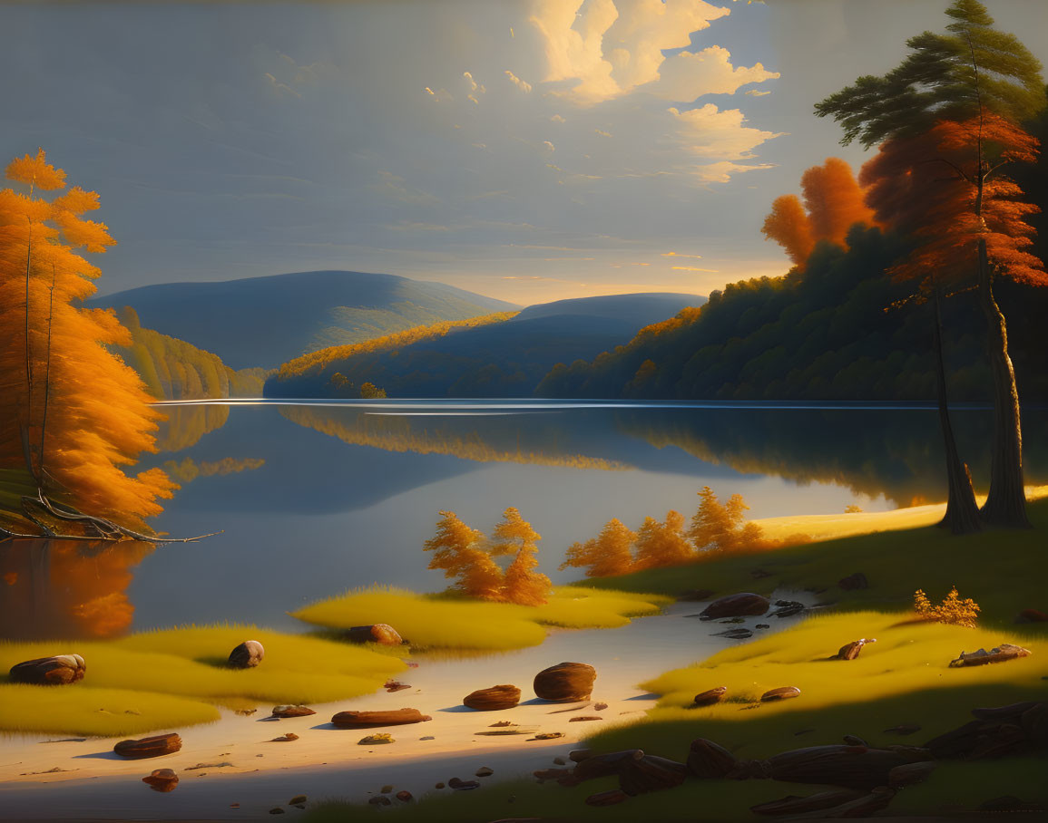 Tranquil autumn landscape with golden trees, lake, and mountains