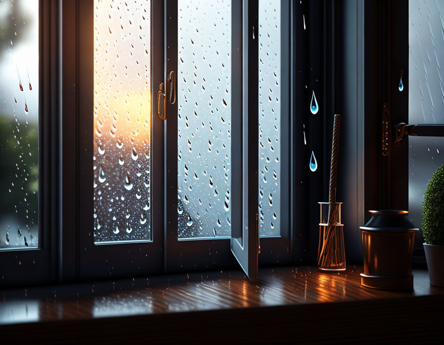 Raindrops on slightly open window with golden sunset view from cozy interior