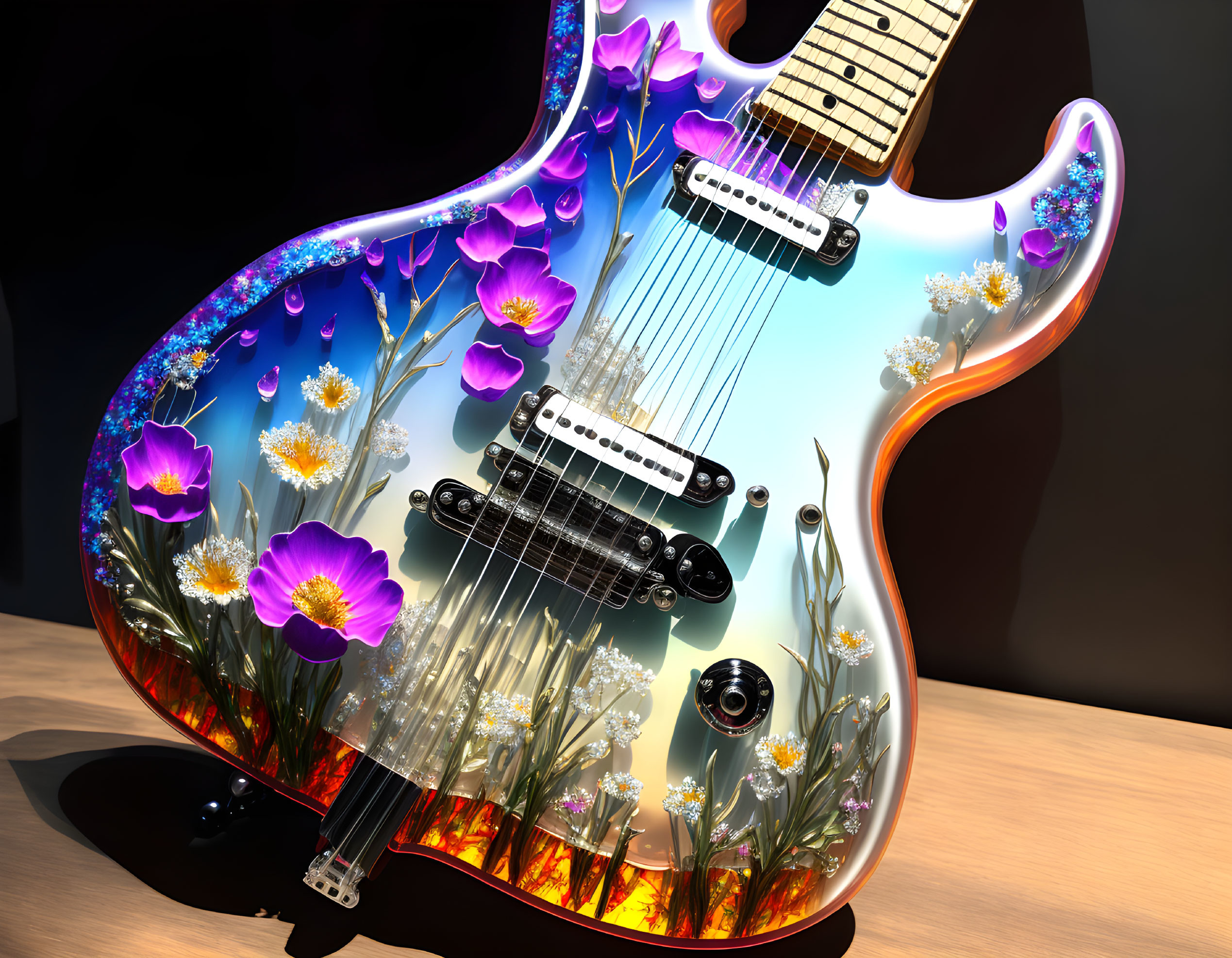 Floral and fire design electric guitar with purple flowers and orange flames