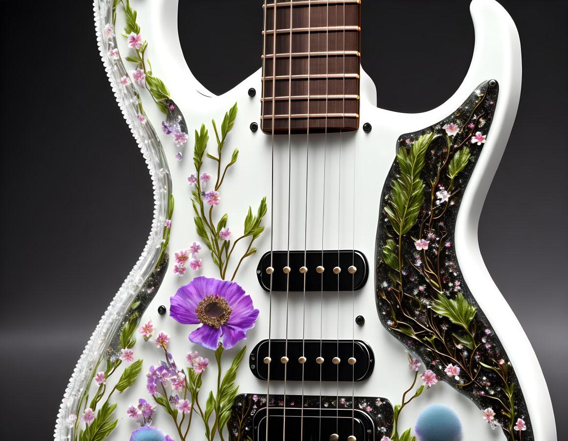 White Electric Guitar with Floral Inlay Designs on Dark Background