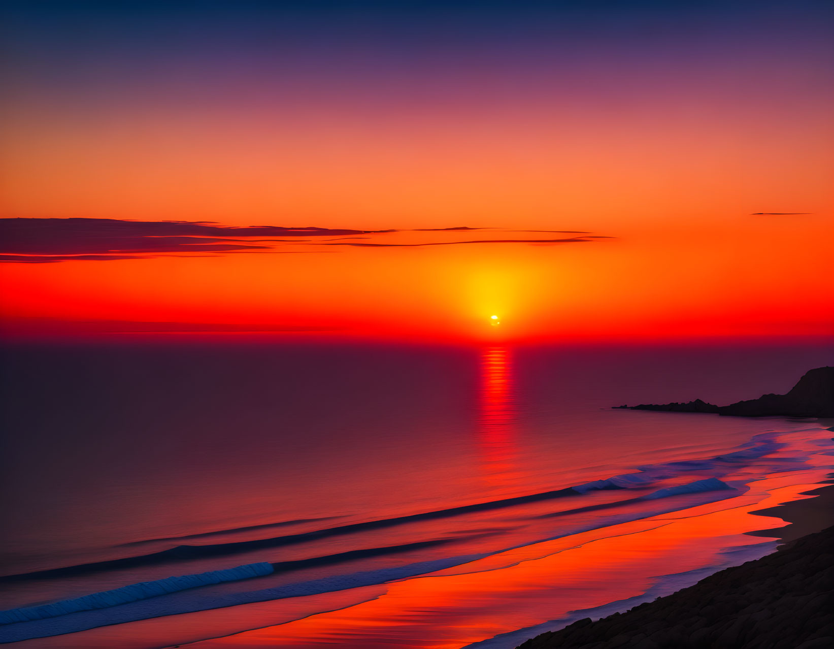 Orange and Blue Sunset Over Calm Ocean Beach