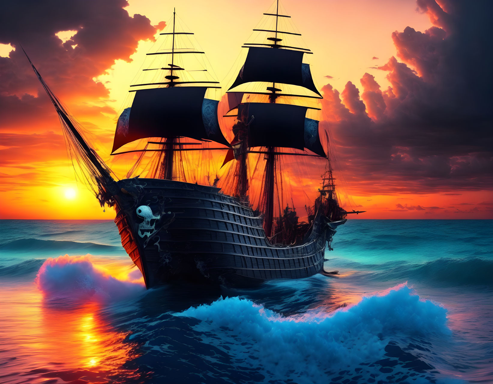 Pirate ship with black sails and skull flag on turbulent sea at sunset