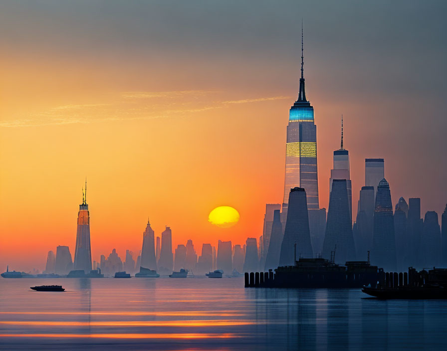 Vibrant orange sunset over city skyline and calm waters.