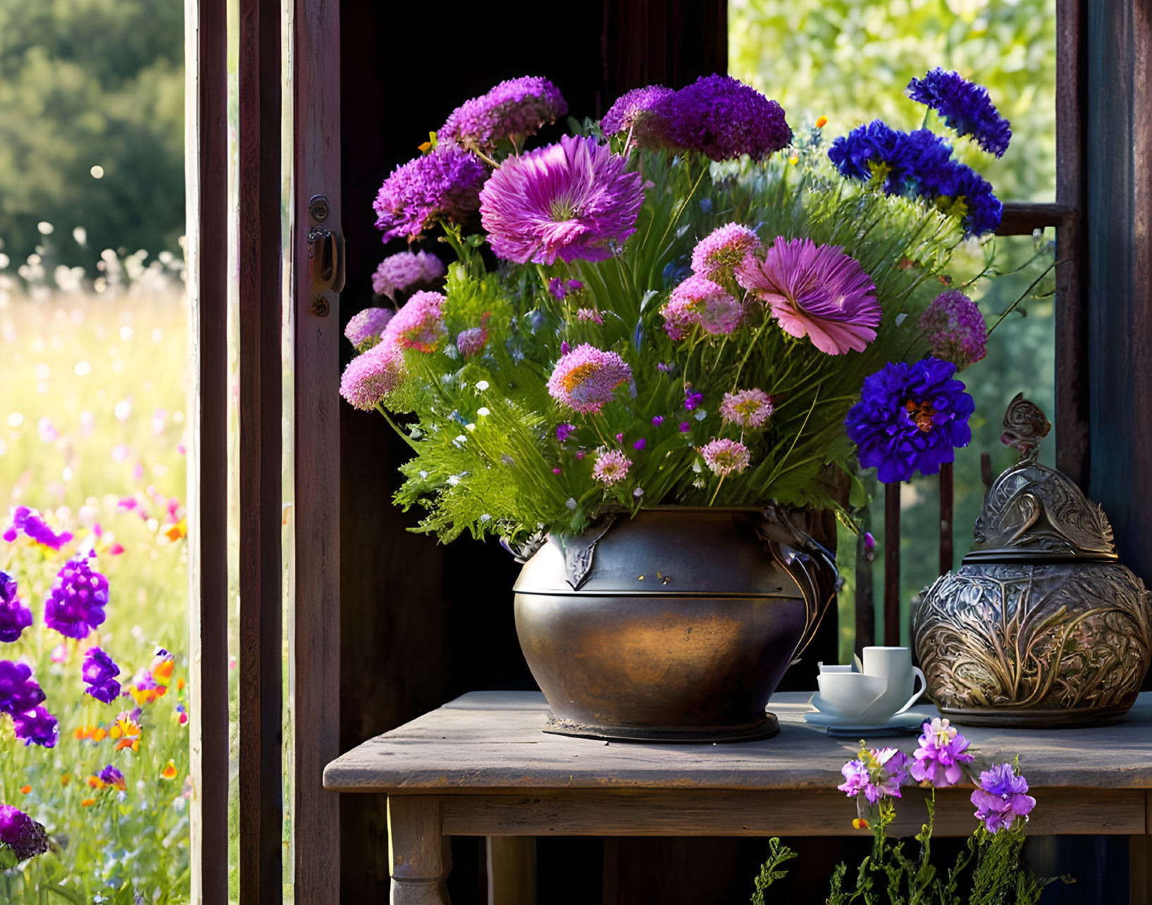 Rustic vase with purple and pink flowers on wooden table in meadow view