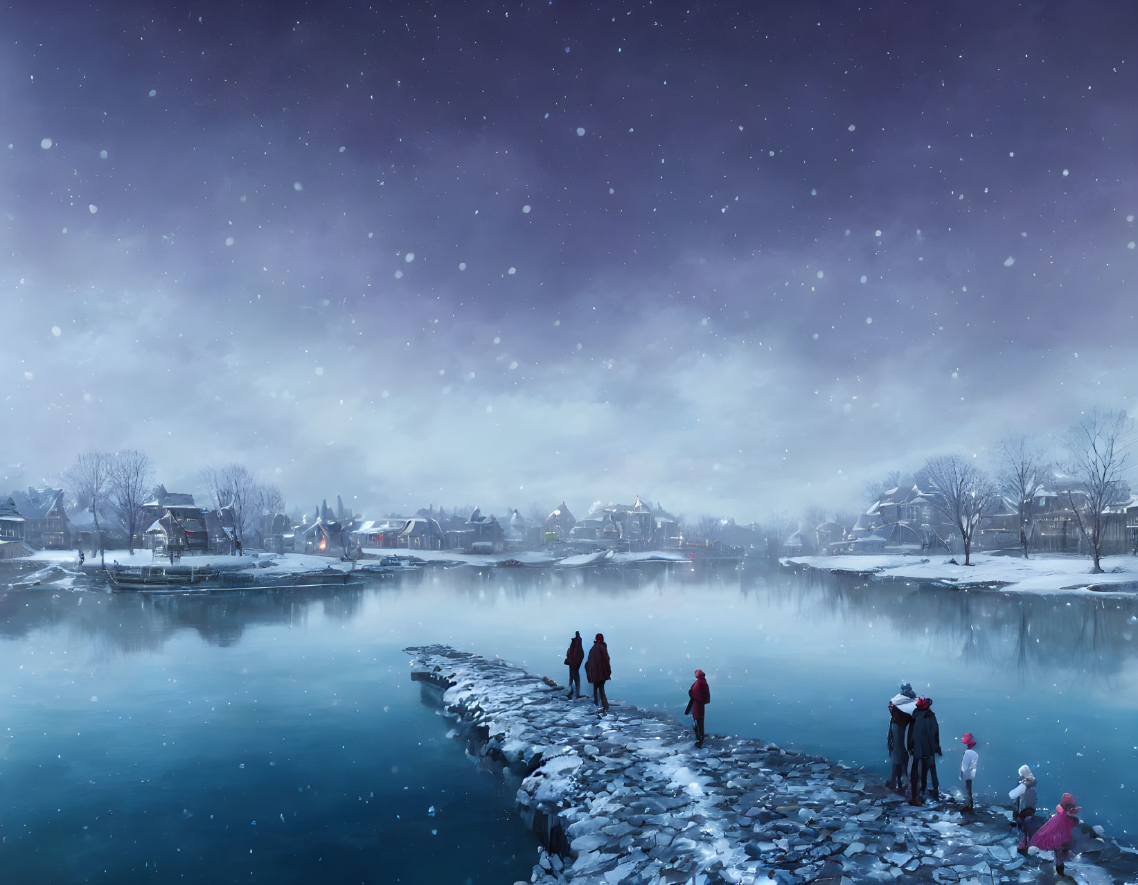 Tranquil winter scene: people on pier, frozen lake, snow-covered houses