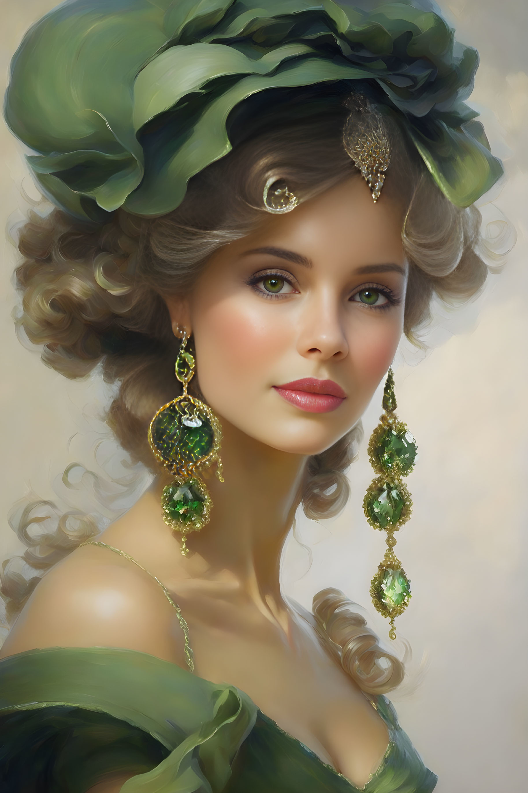 Portrait of a woman in green hat, ornate earrings, and off-shoulder dress.