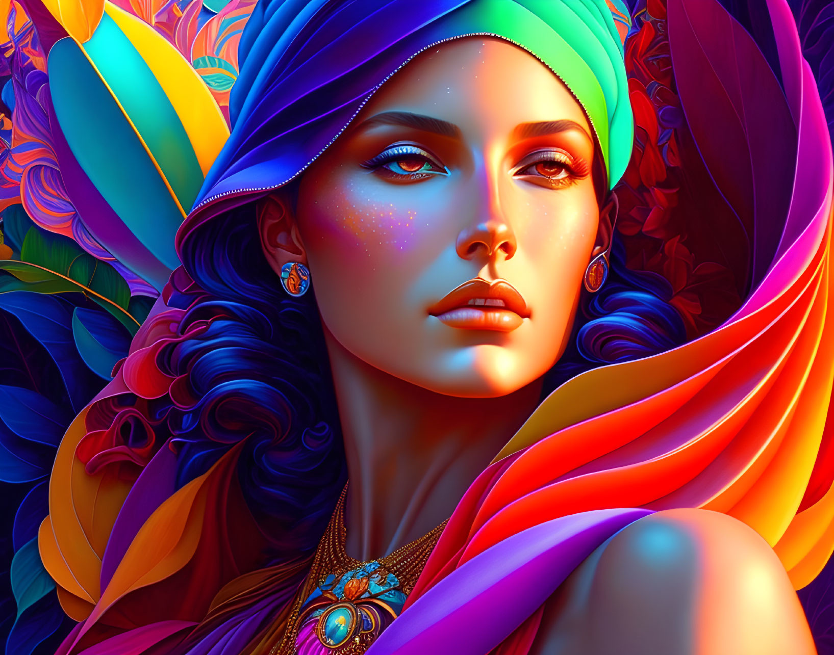 Colorful digital portrait of a woman with headscarf and earrings in front of floral backdrop