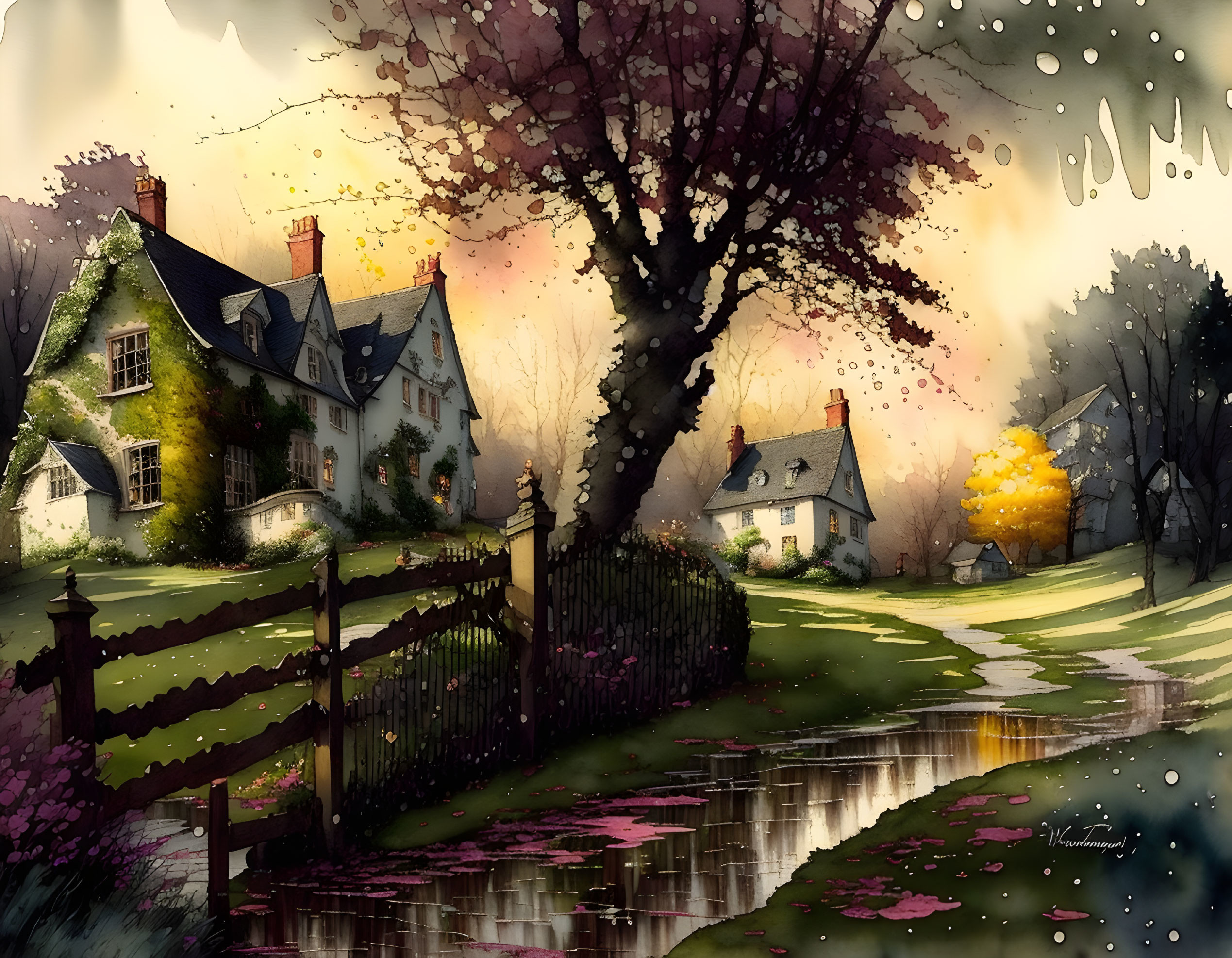 Tranquil watercolor painting of rural houses and blooming tree