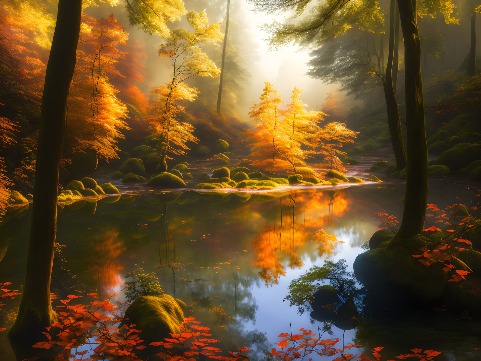 Autumnal forest with golden leaves and serene river in sunlight