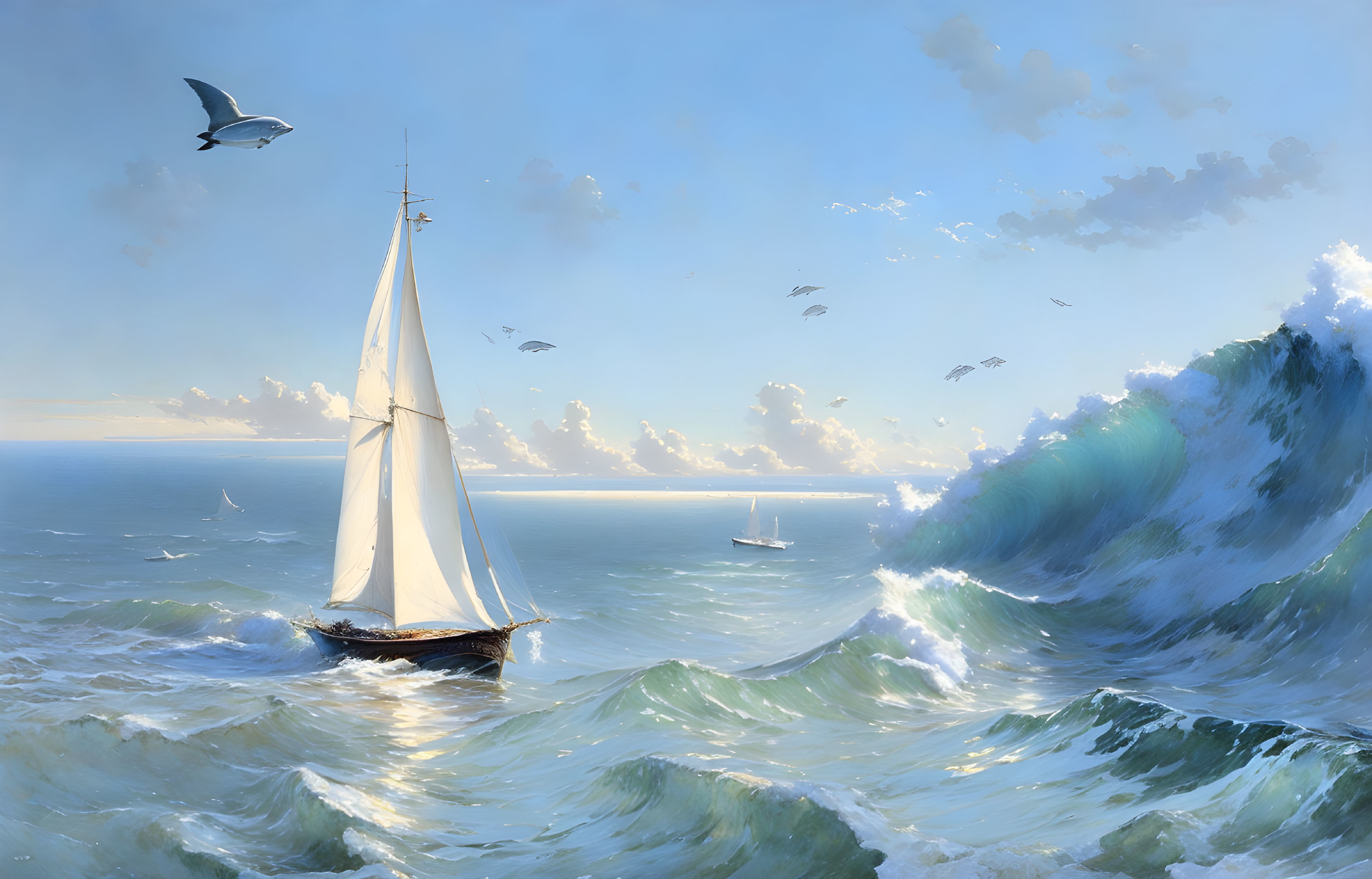 Tranquil seascape with sailboat, waves, seagulls, and distant boat