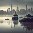 Monochromatic cityscape with silhouetted skyscrapers and ships in misty reflection