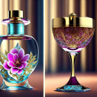 Ornate perfume bottles with floral and feather designs