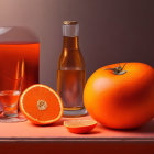 Fresh orange juice in glass with bottle, whole fruit, and slices on reflective surface with coral backdrop.