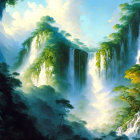 Lush Jungle with Cascading Waterfalls in Blue Sky