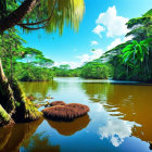 Lush Tropical River with Clear Blue Sky