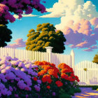 Colorful Flower Garden with White Picket Fence & Blue Sky