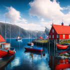 Village with red-roofed houses near bay and cliffs under cloudy sky