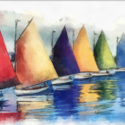 Colorful Sailboats Reflecting on Water Under Hazy Sky