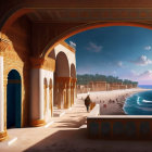 Ornate hallway with arches overlooking serene beach at sunset