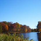 Tranquil autumn landscape with serene lake, mountains, and colorful foliage