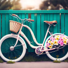 Pink bicycle with flower decorations against teal fence.