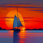 Sailboat illustration on calm waters at sunset with city skyline.