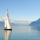 Tranquil seascape with sailboat, waves, seagulls, and distant boat