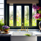 Bright kitchen with garden view, gold fixtures, navy cabinets