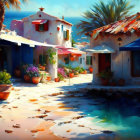 Sunlit coastal village: White houses, palm trees, calm blue waterway.